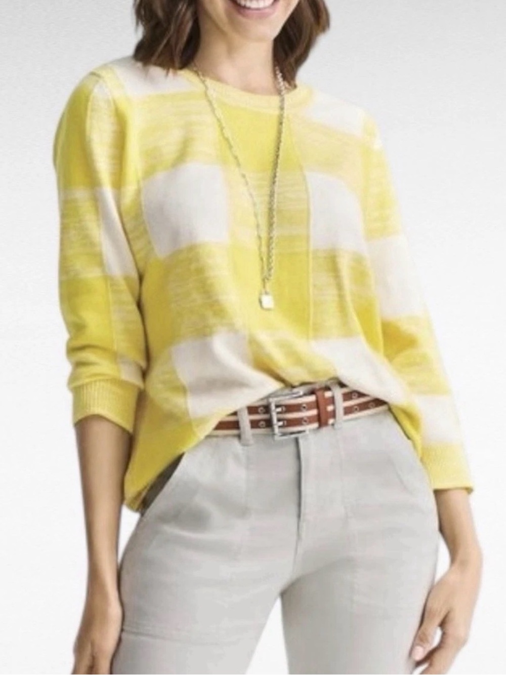 Cabi Checkerboard Sweater Women’s Size Large Yellow White Pullover Preppy Crew